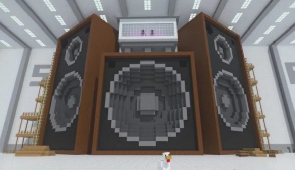 A giant set of speakers built in Minecraft to tease Minecraft Live 2021