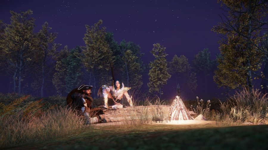 Two characters sitting around the New World camp