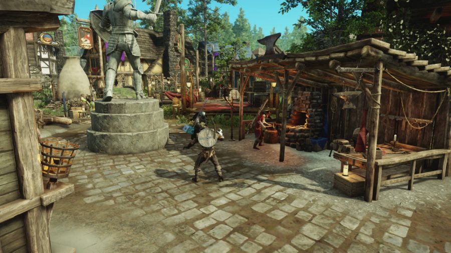 Several people craft items for sale at the Windsward Trading Post in the New World.