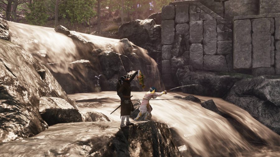 Two characters fishing in New World by a waterfall. One has a fish on the line while the other is holding up his catch.