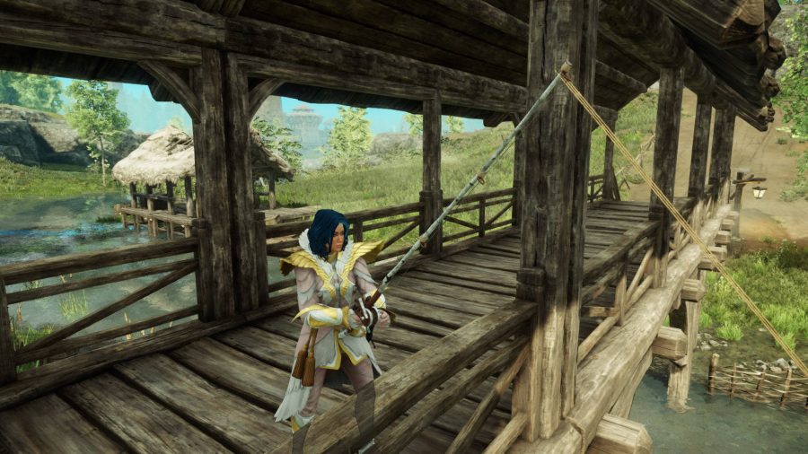 A character is fishing into a river from a bridge in New World.