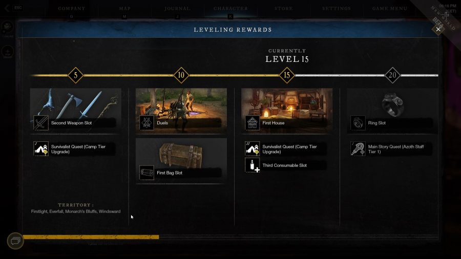 The leveling rewards screen in New World shows unlocked features.