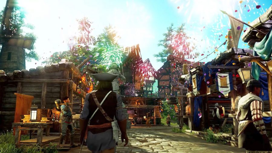 A New World character in a settlement as fireworks burts overhead in the MMORPG