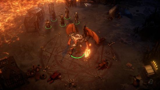A party stands outside a summoning circle holding a demonic foe in Pathfinder: Wrath of the Righteous