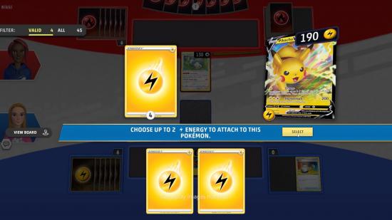 Attaching yellow energy cards to a Pikachu in Pokémon TCG Live