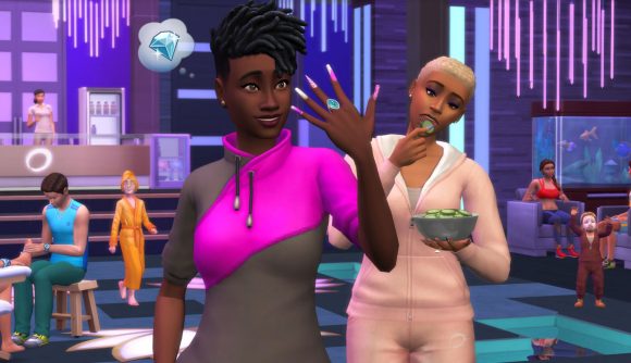 Two Sims in The Sims 4 Spa Day pack with new nail polish and eating cucumbers