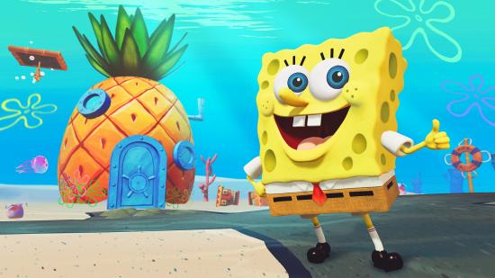 SpongeBob Squarepants stands outside his pineapple in art for THQ Nordic's Battle for Bikini Bottom remaster