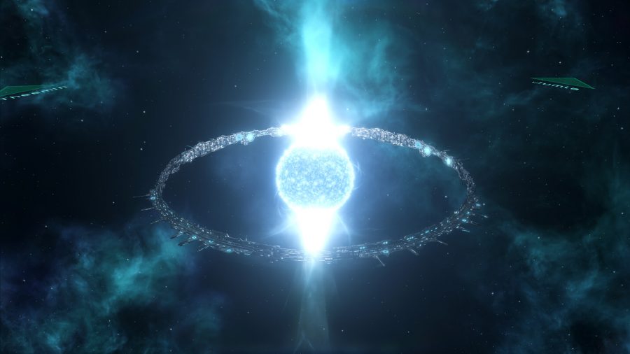 Egy gyűrűvilág egy nap körül van csomagolva a Stellaris űrjátékban
