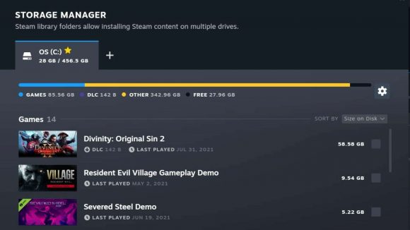 Steam client updated storage manager window with installed games