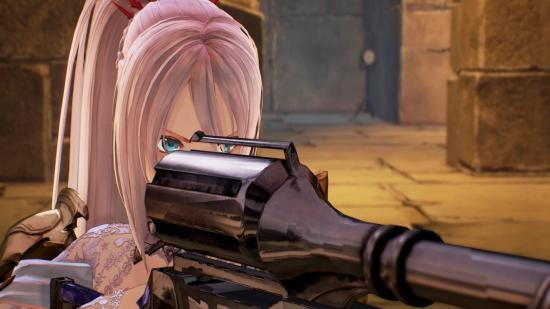 Character aiming a weapon in Tales of Arise