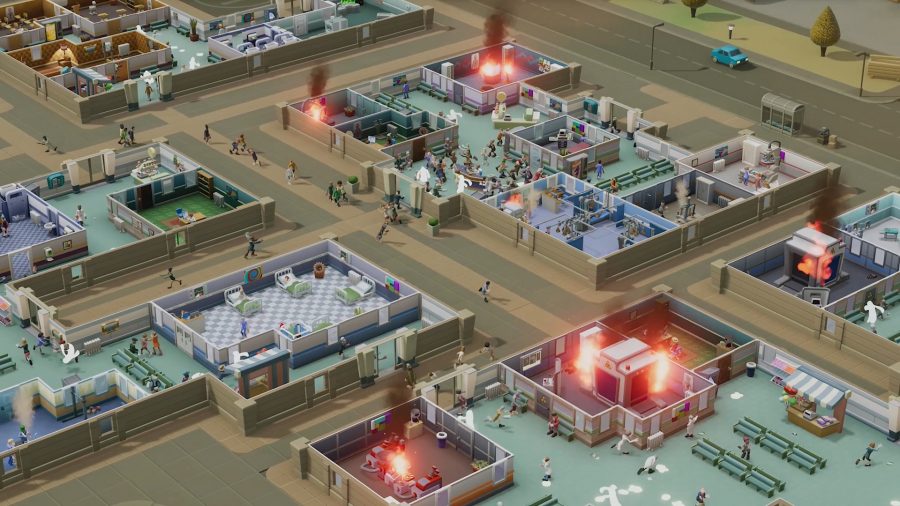 Several hospital buildings in chaos in tycoon game two-point hospital