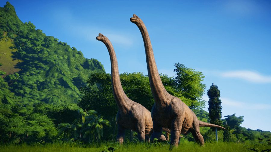 Two dinosaurs wandering in Jurassic World Evolution tycoon game