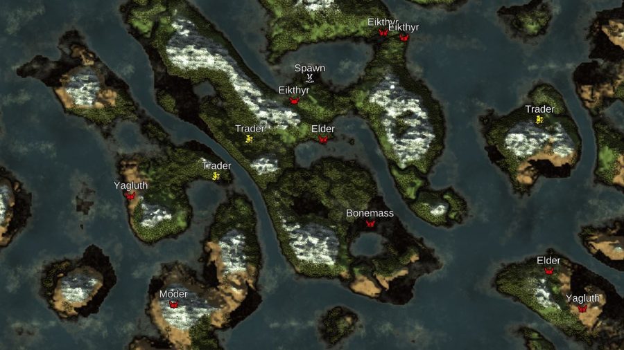 A Valheim map showing the locations of all bosses and spawn