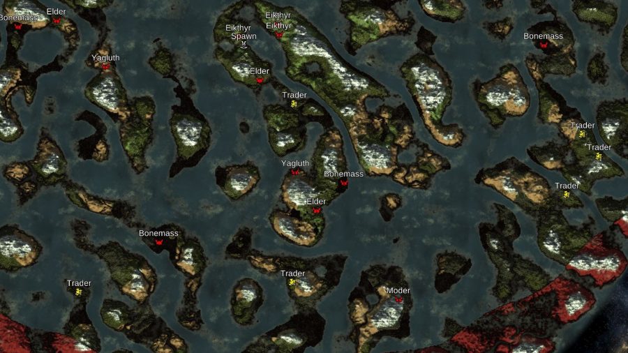 A Valheim map with most of the bosses on a long strip of land