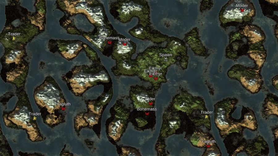 A Valheim map with all bosses close together