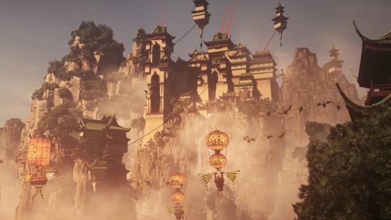 Cathay's fleet of sky-junks and lanterns cruises down from one of its skyborne cities, lush jungles and waterfalls tumbling from white cliffs crowned by jade-topped fortresses in Total War: Warhammer 3