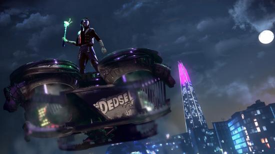 Wrench rides atop a large cargo drone at night in Watch Dogs Legion.