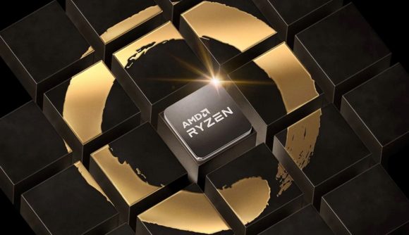 AMD Ryzen logo on chip with gold and black background