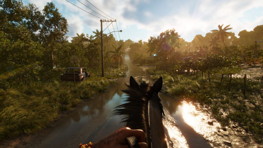 Far Cry 6 protagonist, Dani, rides a horse through overgrown trees