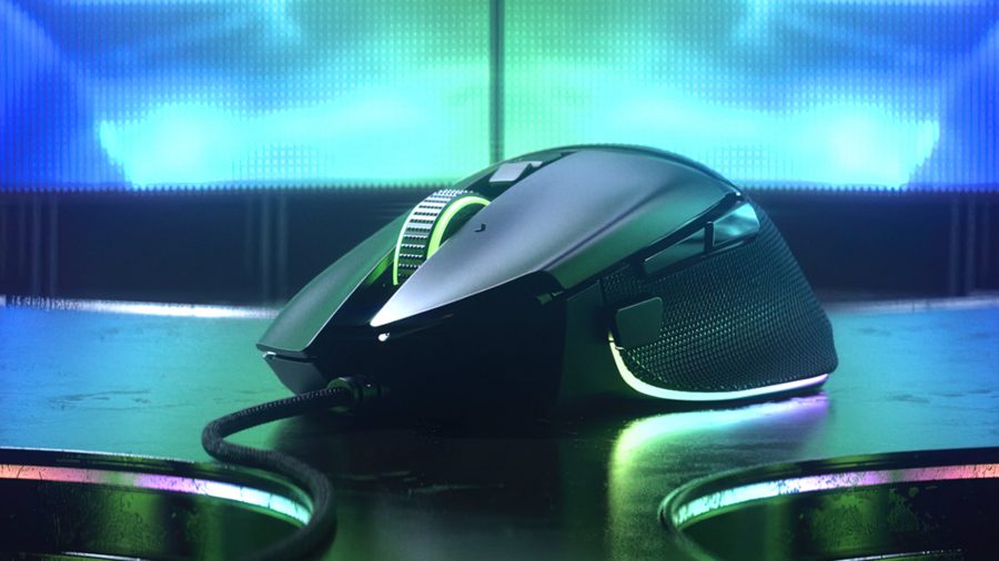 Razer Basilisk V3 gaming mouse sits on an RGB lit stage