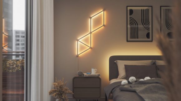 Nanoleaf Lines fit seamlessly into a bedroom with white lights