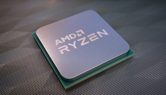 Model of AMD Ryzen CPU on wood surface