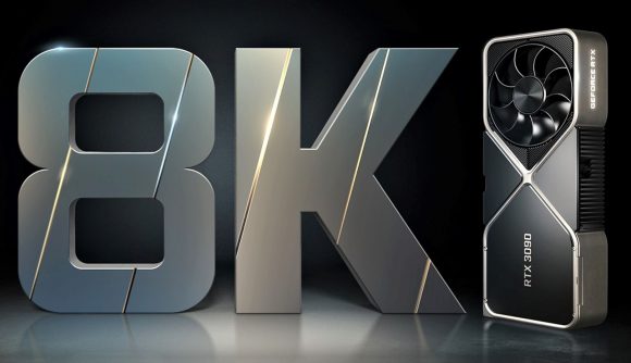 Nvidia RTX 3090 graphics card next to rendered letters spelling 8K