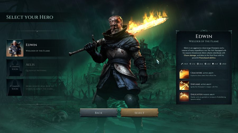 The hero select screen in RTS game Age of Darkness
