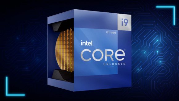 Intel's Alder Lake Core i9-12900K processor, boxed, against a blue starry background