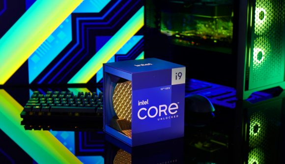 Intel's Alder Lake Core i9-12900K processor, boxed, amidst PC gaming paraphernalia