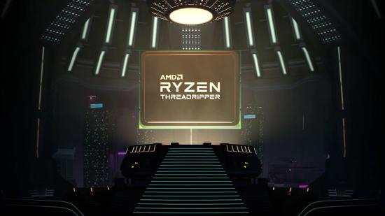 A 3D render of an AMD Ryzen Threadripper CPU floating atop a futuristic pedestal