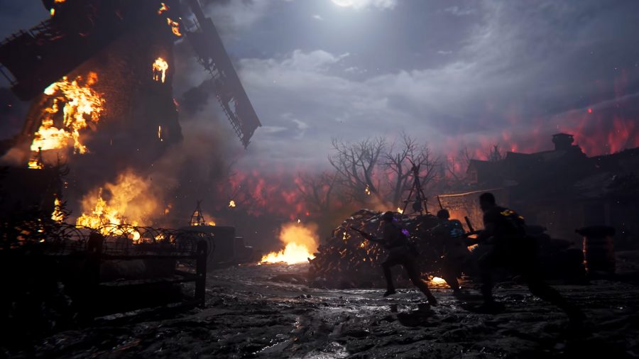 Группа солдат бежит к горящей мельнице в режиме зомби Call of Duty Vanguard.
