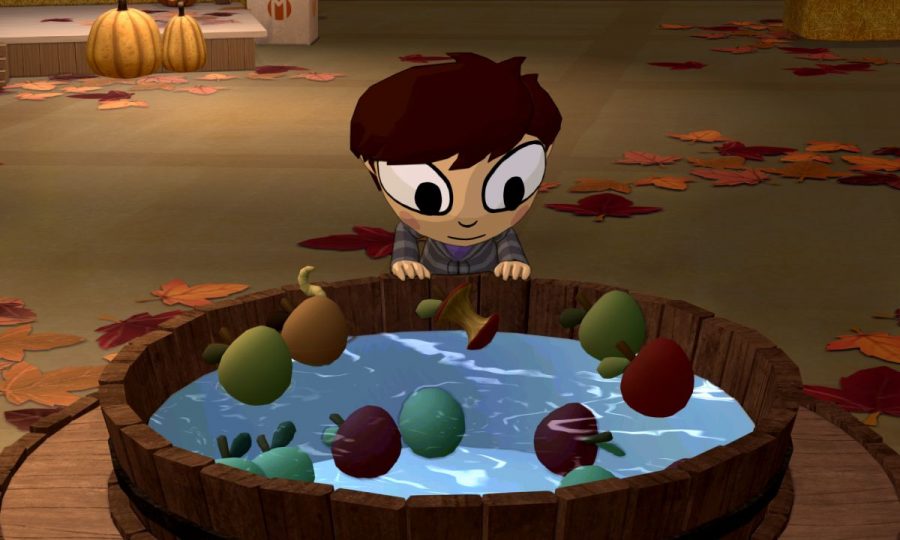 A Costume Quest character bobs for apples on Halloween