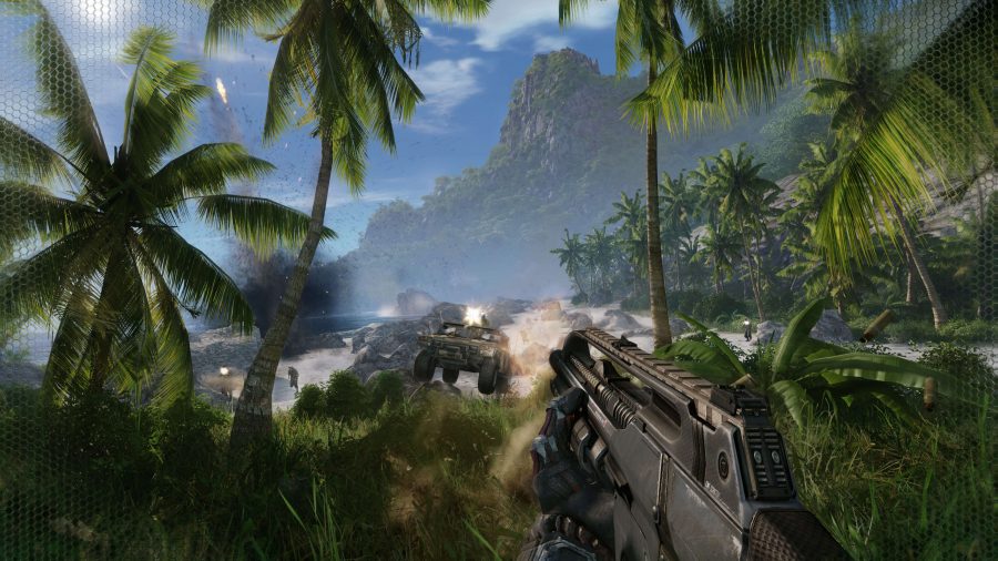 A screenshot of Crysis, in which the player character faces off against an enemy armored vehicle in a tropical island setting.