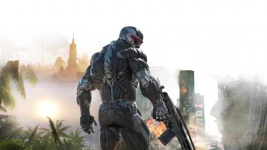 The iconic Nanosuit from Crysis looks back at you, with backgrounds evoking all three games in the Crysis series