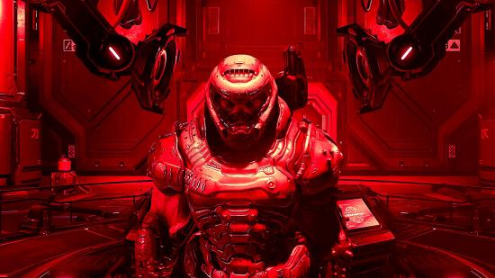 Doom Slayer is bathed in red even before he heads out to slay demons