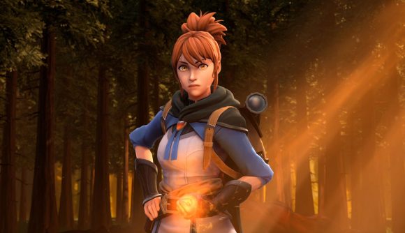 New Dota 2 hero Marci - a female warrior with red hair and a blue caped tunic - stares at the camera with a fireball in her hand