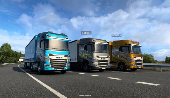 A group of trucks in the Convoy multiplayer mode of Euro Truck Simulator 2