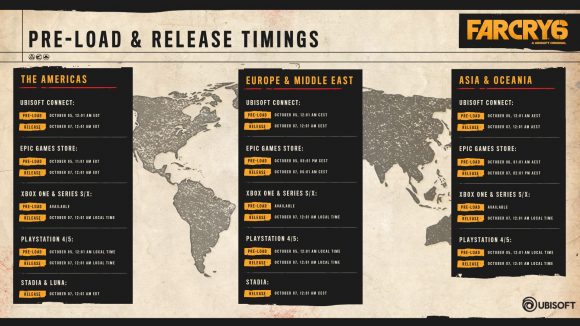 Graphic showing the Far Cry 6 release time around the world
