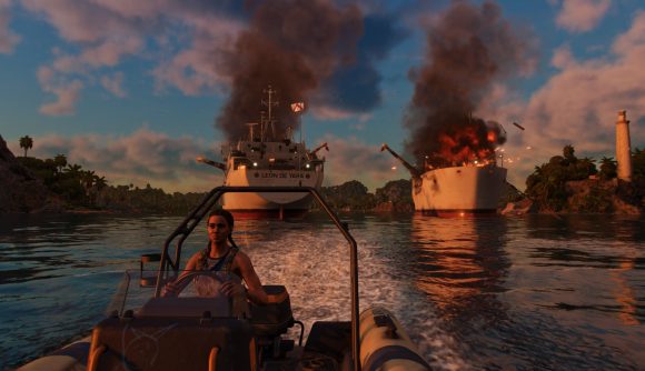 Far Cry 6 Libertad leader, Clara, steers a boat away from explosions