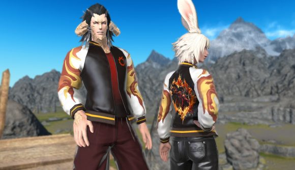 Two FFXIV characters wear the flaming Inferno jacket, available as a reward in this year's Moogle Treasure Trove event