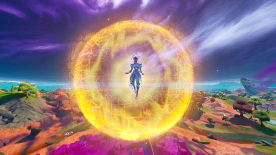 The Cube Queen in Fortnite is channeling her energy into a glowing gold orb.