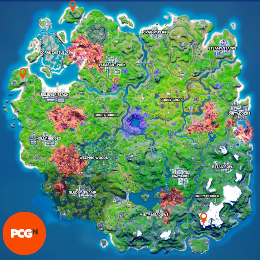 Orange pins show the locations for the weather station, Fort Crumpet, and Lockie's Lighthouse in Fortnite.