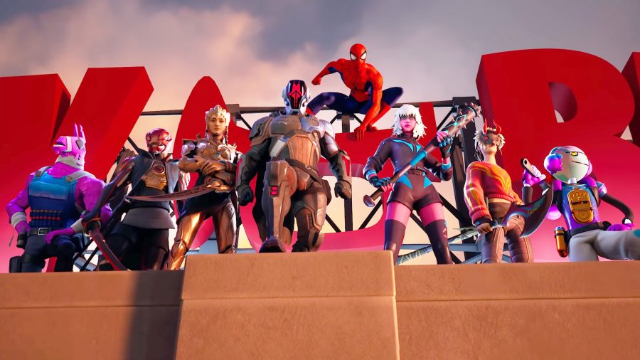 All eight of the new Fortnite characters in Chapter 3 Season 1 standing on the roof of a tall building