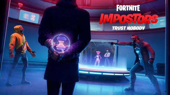 A group of Fortnite players have a meeting in the Among Us-like Impostors mode