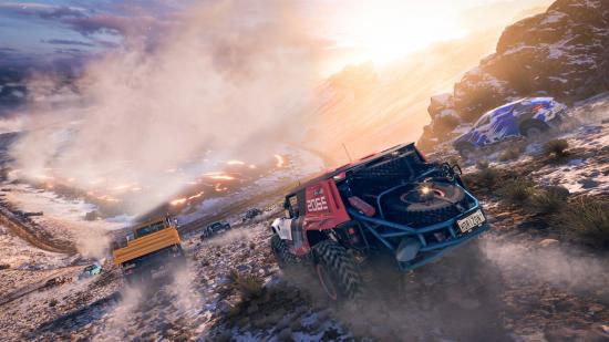 Off-road vehicles race into a volcano's cone in Forza Horizon 5.