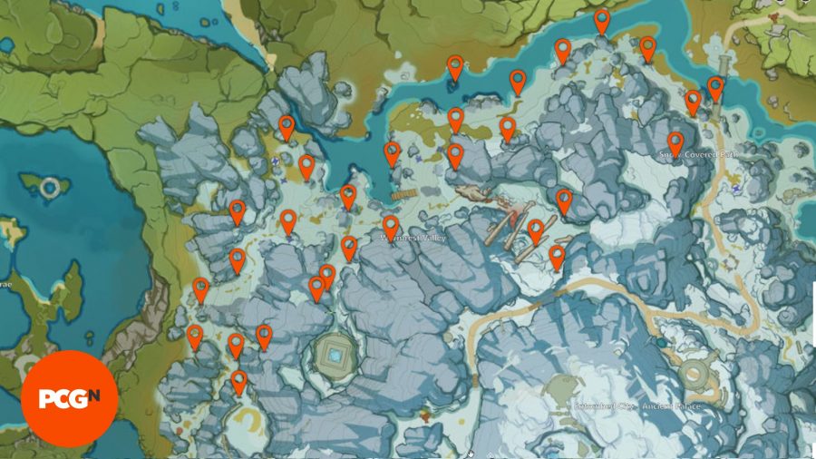Gen -Impact Dragonspine Mystmoon Chest -Standorte auf einer Karte identifiziert