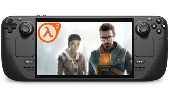 A Steam Deck displaying an image of Half-Life 2 protagonists Gordon Freeman and Alyx Vance