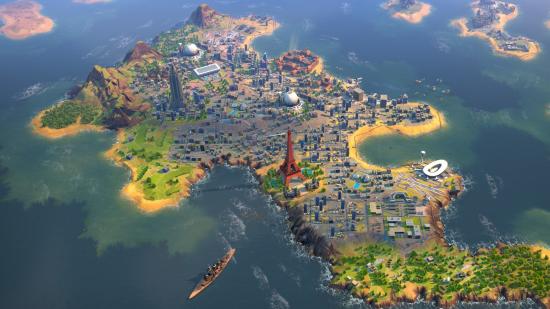 The Eiffel Tower can be seen on a densely populated island in 4X strategy game Humankind