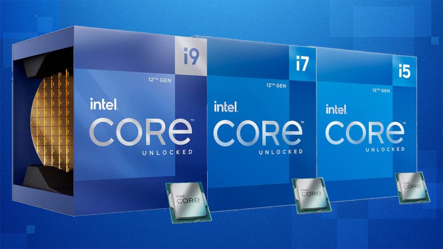 Intel's 12th generation i9, i7, and i5 retail packaging lined up side-by-side against a blue background